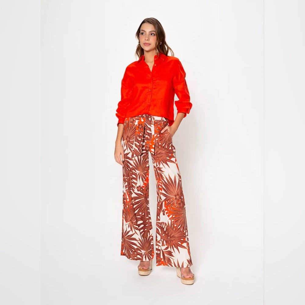 Studio F White, Orange and Brown Leaf Print Palazzo Pants size 8